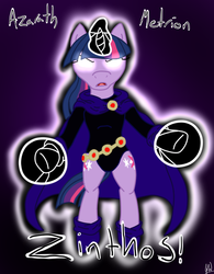 Size: 500x641 | Tagged: safe, artist:glacierfrostclaw, twilight sparkle, g4, clothes, crossover, female, leotard, raven (dc comics), simple background, solo, teen titans, twiraven, voice actor joke