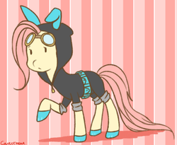 Size: 600x492 | Tagged: safe, artist:courierbear, fluttershy, pegasus, pony, g4, bunny ears, clothes, dangerous mission outfit, disguise, female, goggles, hoodie, looking at you, mare, raised hoof, solo, striped background