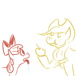 Size: 500x500 | Tagged: safe, artist:appleisdead, apple bloom, applejack, g4, apple, drool, eating, tongue out