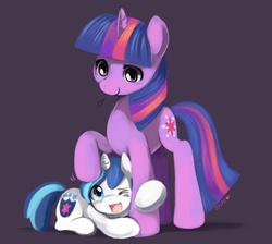 Size: 1009x903 | Tagged: safe, artist:ende26, shining armor, twilight sparkle, pony, unicorn, g4, age regression, blushing, colt, colt shining armor, cute, female, hug, male, mare, one eye closed, open mouth, role reversal, shining adorable, smiling, younger