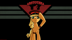 Size: 1920x1080 | Tagged: safe, artist:laptopgun, applejack, earth pony, pony, g4, arstotzka, female, glory to arstotzka, mare, papers please, salute, solo, wallpaper