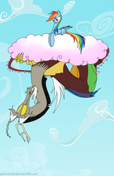 Size: 2700x4162 | Tagged: safe, artist:grievousfan, discord, rainbow dash, draconequus, pegasus, pony, g4, cloud, cloudy, cotton candy cloud, duo, female, looking at each other, male, mare, on a cloud, prone, sky, upside down