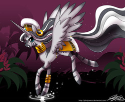 Size: 1200x984 | Tagged: safe, artist:johnjoseco, zecora, alicorn, pony, zebra, zebra alicorn, g4, africa, african, alicornified, ethereal mane, ethereal tail, female, flying, grin, hat, lidded eyes, looking at you, mare, race swap, smiling, solo, sparkles, spread wings, tail, water, wings, zecoracorn