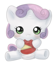 Size: 556x645 | Tagged: dead source, safe, artist:littlemissfortunes, sweetie belle, pony, unicorn, g4, baby, baby belle, baby pony, c:, cheese, cute, diaper, diasweetes, drool, female, foal, head tilt, hnnng, looking at you, nom, simple background, sitting, smiling, solo, transparent background, underhoof