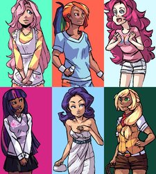 Size: 848x942 | Tagged: safe, artist:rocketsocks, applejack, fluttershy, pinkie pie, rainbow dash, rarity, twilight sparkle, human, g4, apron, bandana, clothes, dark skin, dress, freckles, humanized, mane six, shorts, shoulderless, skirt, sweater vest, wristband