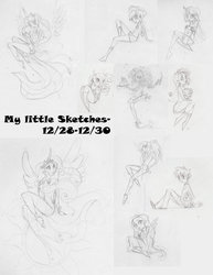 Size: 1280x1656 | Tagged: safe, artist:rainekitty, applejack, fluttershy, pinkie pie, princess celestia, princess luna, rainbow dash, rarity, spike, twilight sparkle, g4, humanized, mane seven, mane six, monochrome, royal sisters, sketch, sketch dump, wip