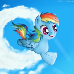 Size: 2000x2000 | Tagged: safe, artist:vird-gi, rainbow dash, pegasus, pony, g4, cloud, cloudy, cute, dashabetes, female, flying, open mouth, sky, solo