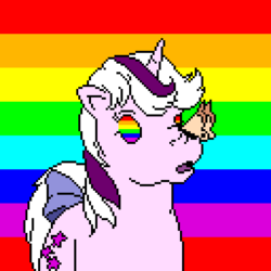 Size: 512x512 | Tagged: safe, twilight, butterfly, pony, unicorn, g1, bow, eyestrain warning, female, insect on nose, looking at something, obsession, open mouth, pixel art, rainbow, solo, tail bow