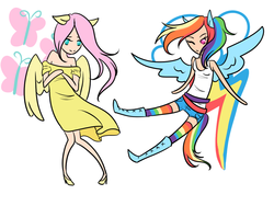 Size: 900x675 | Tagged: safe, artist:pinkenvy, fluttershy, rainbow dash, human, g4, chibi, clothes, dress, eared humanization, female, high heels, humanized, one eye closed, shoes, shorts, simple background, tailed humanization, tank top, white background, winged humanization, wink