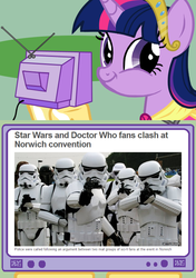 Size: 564x800 | Tagged: safe, twilight sparkle, alicorn, pony, g4, doctor who, exploitable meme, female, mare, news, norwich, slowpoke, star wars, tv meme, twiface, twilight sparkle (alicorn)