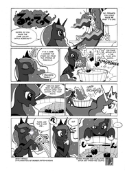 Size: 765x1053 | Tagged: safe, artist:pepsiso, princess celestia, princess luna, g4, apple, apple bobbing, comic, food, japanese, monochrome, pixiv, translation, trollestia