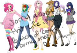 Size: 1000x692 | Tagged: safe, artist:magicarin, applejack, fluttershy, pinkie pie, rainbow dash, rarity, twilight sparkle, human, g4, belly button, cleavage, clothes, converse, dress, female, front knot midriff, humanized, line-up, magic, mane six, midriff, shoes, simple background, skinny, skirt, text, thin, transparent background, wip