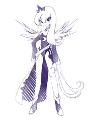 Size: 842x1191 | Tagged: safe, artist:bleedman, princess luna, human, g4, female, humanized, monochrome, simple background, solo, tailed humanization, white background, winged humanization