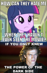 Size: 500x781 | Tagged: safe, edit, edited screencap, screencap, blueberry cake, scott green, twilight sparkle, human, equestria girls, g4, my little pony equestria girls, anakin skywalker, background character, background human, backpack, bracelet, clothes, cropped, darth vader, ear piercing, earring, female, glasses, hat, image macro, jewelry, lockers, male, piercing, shirt, star wars