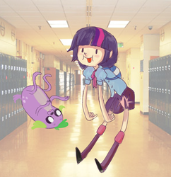 Size: 753x777 | Tagged: safe, artist:twitchykismet, spike, twilight sparkle, dog, human, equestria girls, g4, :p, adventure time, backpack, highschool, humanized, male, skinny, spike the dog, thin, tongue out