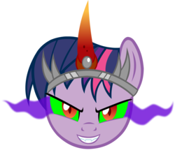 Size: 1426x1267 | Tagged: safe, artist:alexstrazse, twilight sparkle, g4, bust, corrupted, corrupted twilight sparkle, crown, dark magic, evil, face, female, horn, jewelry, messy mane, regalia, simple background, solo, sombra eyes, sombra horn, tiara, transparent background, twilight is anakin, tyrant sparkle, vector