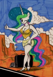 Size: 1249x1806 | Tagged: safe, artist:newyorkx3, princess celestia, anthro, plantigrade anthro, g4, belly button, cleavage, clothes, female, high heels, hitchhiking, midriff, skirt, suitcase, traditional art, wink