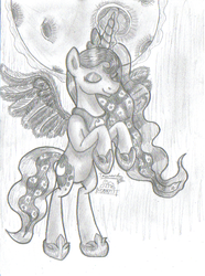 Size: 420x566 | Tagged: safe, artist:inurantchan, princess luna, g4, eyes closed, female, monochrome, moon, rearing, solo, traditional art