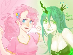 Size: 1024x768 | Tagged: safe, artist:malamilje, pinkie pie, queen chrysalis, human, g4, fangs, female, horn, horned humanization, humanized, lesbian, pixiv, ship:chryssie pie, shipping