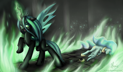 Size: 4137x2416 | Tagged: safe, alternate version, artist:hirurux, princess celestia, queen chrysalis, alicorn, changeling, changeling queen, pony, g4, crown, defeated, eyes closed, female, fire, glowing horn, high res, horn, jewelry, mare, open mouth, regalia