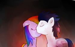 Size: 640x400 | Tagged: safe, artist:mc77777211, rainbow dash, soarin', g4, female, kissing, male, ship:soarindash, shipping, straight, watercolor painting