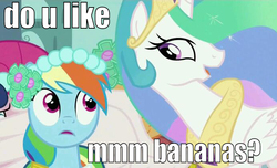 Size: 692x420 | Tagged: safe, edit, screencap, princess celestia, rainbow dash, alicorn, pegasus, pony, a canterlot wedding, g4, season 2, do you like bananas?, female, friendship is magic bitch, impact font, mare, trollestia