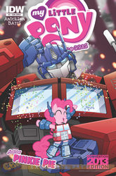 Size: 900x1366 | Tagged: safe, artist:tonyfleecs, idw, pinkie pie, earth pony, pony, robot, g4, my little pony micro-series, official, spoiler:comic, awesome, comic, comic cover, confused, cosplay, cover, crossover, duo, female, hasbro, mare, optimus prime, ponkimus prime, transformers, variant cover