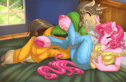 Size: 1500x981 | Tagged: safe, artist:kittehkatbar, pinkie pie, oc, anthro, unguligrade anthro, g4, bed, bedroom, clothes, hooves, jeans, tickling, unshorn fetlocks