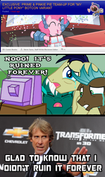 Size: 659x1106 | Tagged: safe, idw, pinkie pie, g4, drama queens, image macro, michael bay, optimus prime, ruined forever trio, transformers