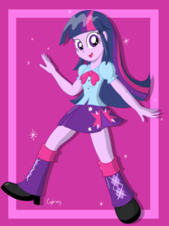 Size: 1936x2592 | Tagged: dead source, safe, artist:thebrokencog, twilight sparkle, human, equestria girls, g4, clothes, female, happy, open mouth, skirt, solo