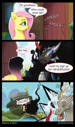 Size: 1667x2844 | Tagged: safe, artist:i-am-knot, discord, fluttershy, king sombra, umbrum, g4, comic, door, laughing, prank, shadow