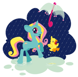 Size: 748x736 | Tagged: safe, artist:powermilk, dewdrop dazzle, duck, pony, unicorn, g4, cute, rain, simple background, transparent background, umbrella