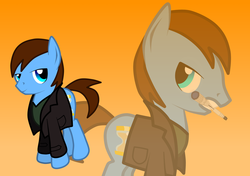 Size: 1024x722 | Tagged: safe, artist:boyindahaus, doctor whooves, time turner, g4, age regression, colt, doctor who, jumper, ninth doctor, peacoat, sonic screwdriver, younger