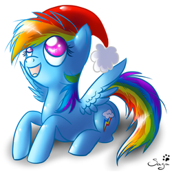 Size: 499x500 | Tagged: safe, artist:haunthid, rainbow dash, pegasus, pony, g4, hat, looking up, lying down, open mouth, santa hat, simple background, small wings, white background, wings