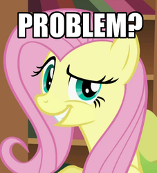 Size: 475x523 | Tagged: safe, edit, edited screencap, screencap, fluttershy, a bird in the hoof, g4, always works, dreamworks face, image macro, problem, reaction image