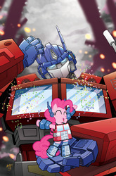 Size: 755x1147 | Tagged: safe, artist:tony fleecs, idw, pinkie pie, g4, micro-series #5, my little pony micro-series, official, spoiler:comic, cameo, clean, comic, costume, cover, crossover, optimus prime, ponkimus prime, transformers