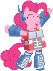 Size: 4430x6000 | Tagged: safe, artist:masem, artist:tony fleecs, idw, pinkie pie, earth pony, pony, g4, absurd resolution, bipedal, clothes, cosplay, costume, crossover, cute, diapinkes, eyes closed, female, idw showified, open mouth, optimus prime, ponkimus prime, simple background, smiling, socks, solo, transformers, transparent background, vector