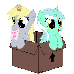 Size: 300x300 | Tagged: safe, artist:tomdantherock, derpy hooves, lyra heartstrings, pegasus, pony, g4, animated, box, card, cardboard box, cute, derpabetes, duo, ear flick, eye shimmer, female, food, grin, heart, lyrabetes, mare, mouth hold, muffin, pony in a box, simple background, smiling, transparent background