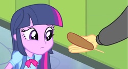 Size: 1600x861 | Tagged: safe, edit, edited screencap, screencap, flash sentry, twilight sparkle, friendship is witchcraft, equestria girls, g4, my little pony equestria girls, brad, corndog, disembodied hand, female, food, francis sparkle, hand, horse women, male, offscreen character, solo focus, youtube link