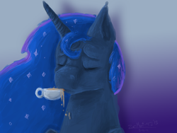 Size: 1600x1200 | Tagged: safe, artist:incorporatedshadows, princess luna, g4, cup, eyes closed, female, portrait, solo, tea