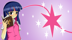 Size: 3419x1923 | Tagged: safe, artist:misterbrony, twilight sparkle, human, g4, book, cutie mark, humanized, solo, wallpaper