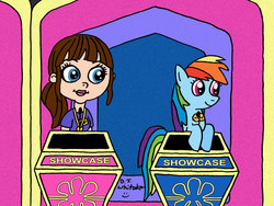 Size: 1024x768 | Tagged: safe, artist:djgames, rainbow dash, human, pegasus, pony, g4, ashleigh ball, blythe baxter, duo, duo female, female, gameshow, littlest pet shop, smiling, the price is right, voice actor joke