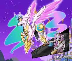 Size: 600x510 | Tagged: safe, artist:boastudio, princess celestia, alicorn, pony, g4, 2013, cockpit, crossover, crown, folded wings, gold, horn, jewelry, mecha, pink mane, pink-mane celestia, princess celestia's cutie mark, regalia, wings, wings of light, zoids