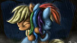 Size: 3840x2160 | Tagged: safe, artist:neko-me, applejack, rainbow dash, g4, crying, rain, wet
