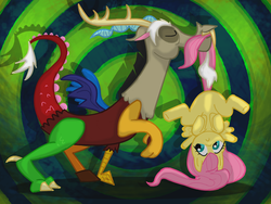 Size: 1056x792 | Tagged: safe, artist:darkwingsnark, discord, fluttershy, g4, female, male, mouth hold, ship:discoshy, shipping, straight, tail pull, upside down