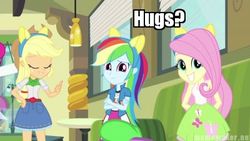 Size: 400x225 | Tagged: safe, edit, edited screencap, screencap, applejack, fluttershy, pinkie pie, rainbow dash, equestria girls, g4, my little pony equestria girls, bronybait, fake ears, hug, hug request, image macro, meme, pony ears, spoiler