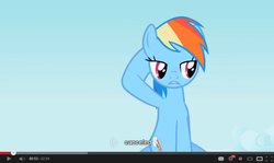 Size: 854x510 | Tagged: safe, screencap, rainbow dash, pegasus, g4, may the best pet win, cancelled, female, solo, youtube, youtube caption