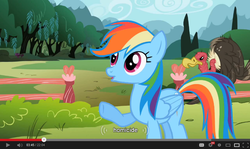 Size: 853x510 | Tagged: safe, screencap, rainbow dash, buzzard, g4, may the best pet win, my little pony: friendship is magic, female, homicide, solo, youtube caption