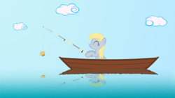 Size: 1920x1080 | Tagged: safe, artist:galekz, derpy hooves, pegasus, pony, g4, female, fishing, mare, muffin, solo