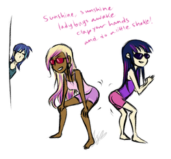 Size: 567x528 | Tagged: dead source, safe, artist:cartoonlion, princess cadance, shining armor, twilight sparkle, human, g4, ass, butt, butt shake, dark skin, female, humanized, sunshine sunshine, twerking